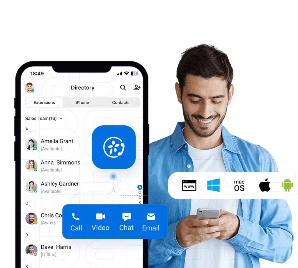 Softphone app directory on a mobile, with desktop and mobile apps available